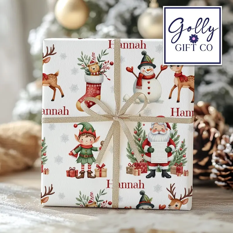 Personalized Santa and Friends Christmas Wrapping Paper - Your Name Christmas Gift Wrap - Custom Gift Wrap for Christmas