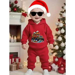 1set Cute Autumn And Winter Baby Clothes with Christmas Cookie Figurine And Monster Truck Pattern, Plush Fleece Long-Sleeved Hooded Sweatshirt And Pants Two-Piece Set for Baby Boys. Cen Han' of Baby Fashion Long-Sleeved Sweatshirt Sets, for Outdoor