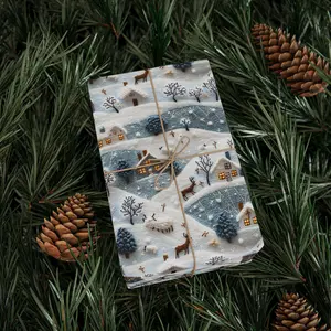 Nordic Winter Village Wrapping Paper Roll, Faux 3D Cozy Christmas Gift Wrap with Snowy Cottages & Reindeer, Winter Wonderland Holiday Gift