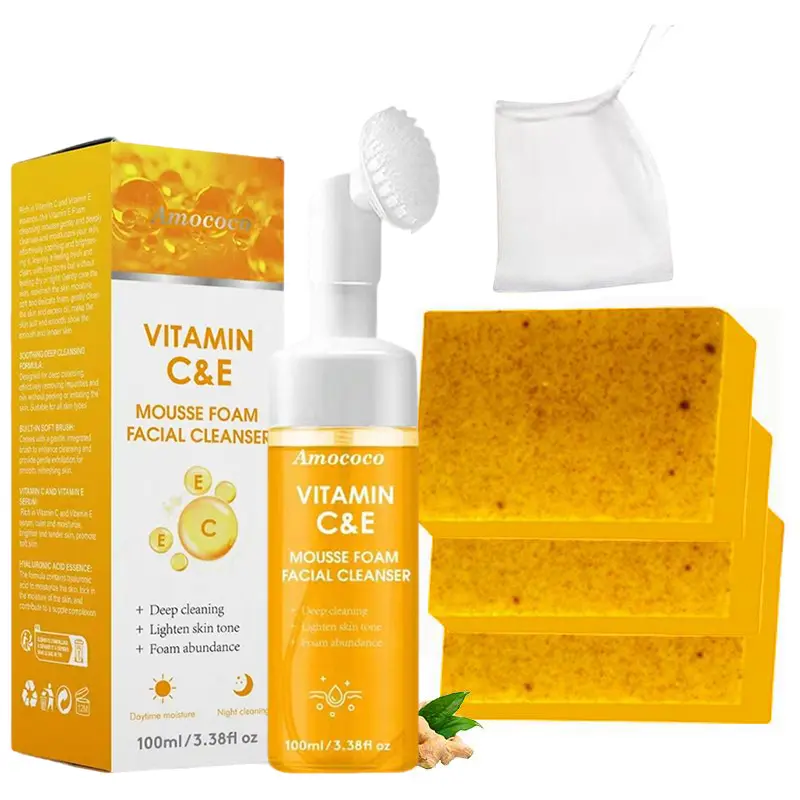 Amococo Turmeric Cleansing Care Set - Two Piece Includes Mousse & Soap with Rose Water Turmeric Extract Kojic Acid for Brightening Softening Skin