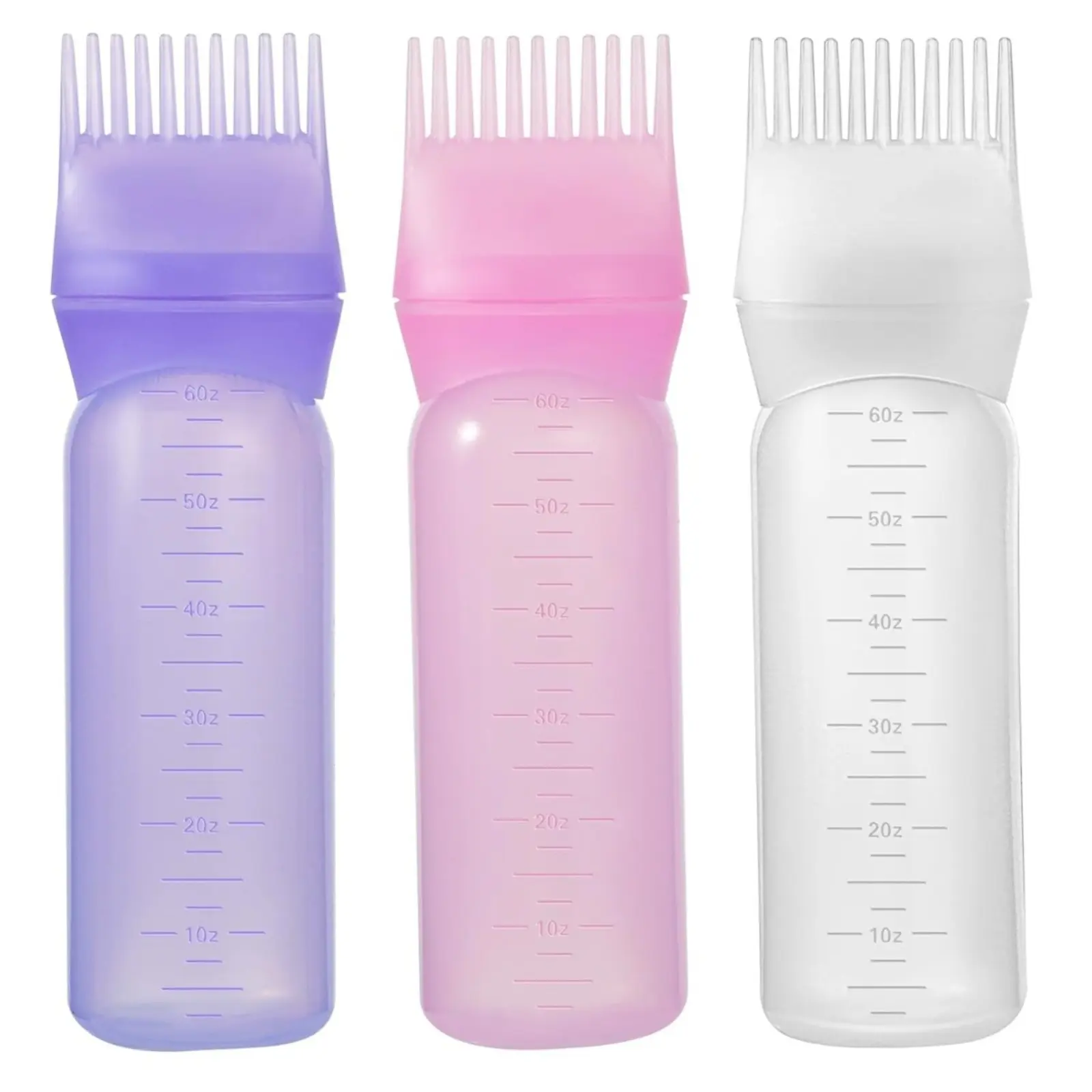 Rooted Applicator Bottle Hair Color Application Oil Applicator, 3 Bottles of Hair Oil Application Brush, with Graduated Color Scale (pink, Purple, White) Haircare Hair Color Tools