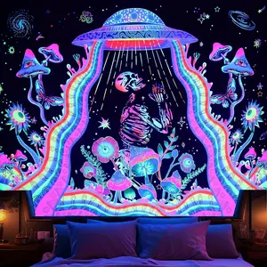Sinsoledad Blacklight Skull Tapestry For Bedroom, Glow In The Dark Mushroom Floral Wall Hanging, Black Light UFO Skeleton Tapestries, Cool Space Galaxy Tapestry For Men Dorm Room Decor 59"x51"