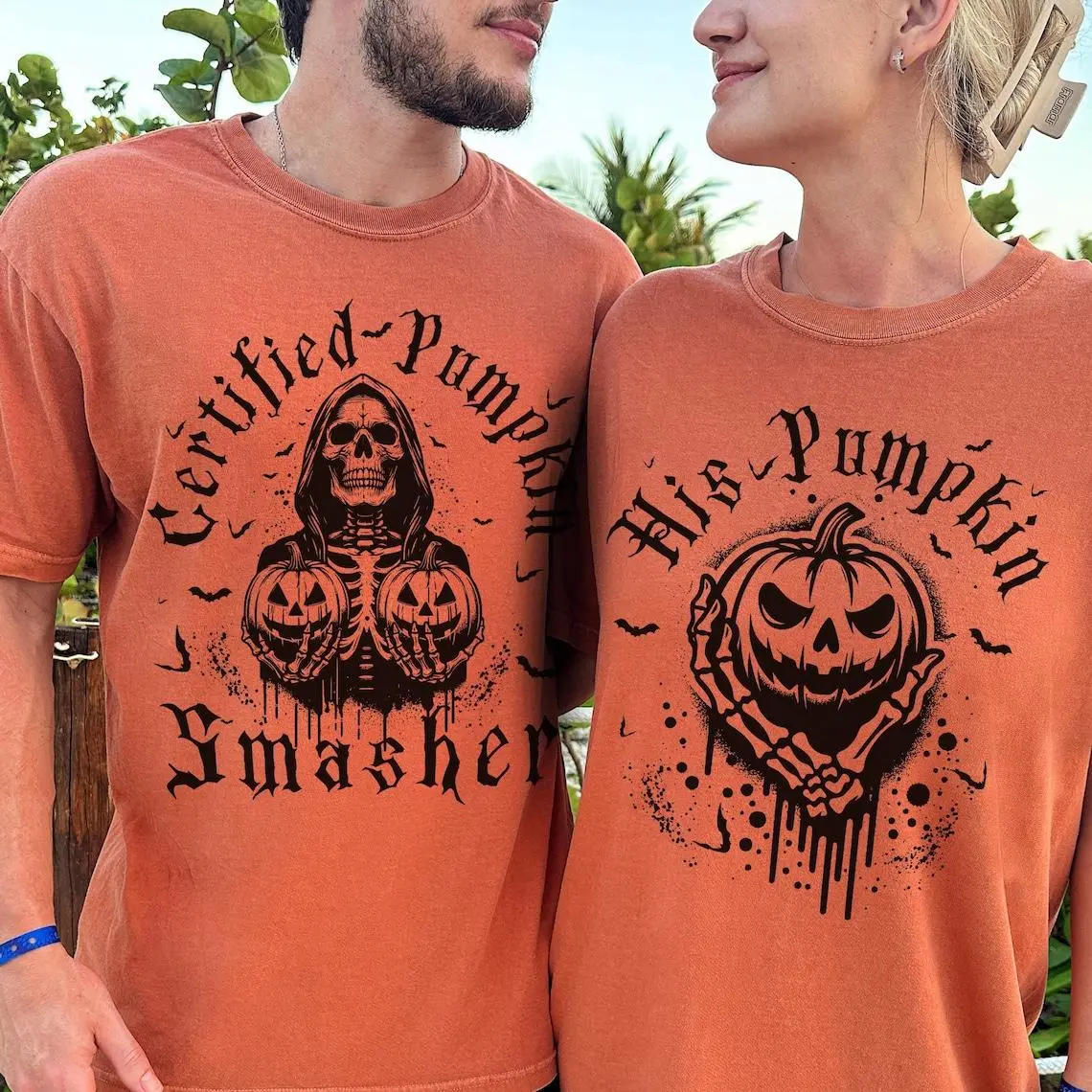 Funny Halloween Matching Couple Shirt, Certified Pumpkin Smasher His Pumpkin Matching Halloween Couple Shirts - Funny Skeleton Graphic Tees