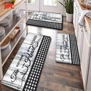 2/3 Piece Flannel Kitchen Mat Set, Vintage Wood Grain & Check Design, Non-Slip, Absorbent, Home Decor, Farmhouse Kitchen Rug, Water Absorbent Rug