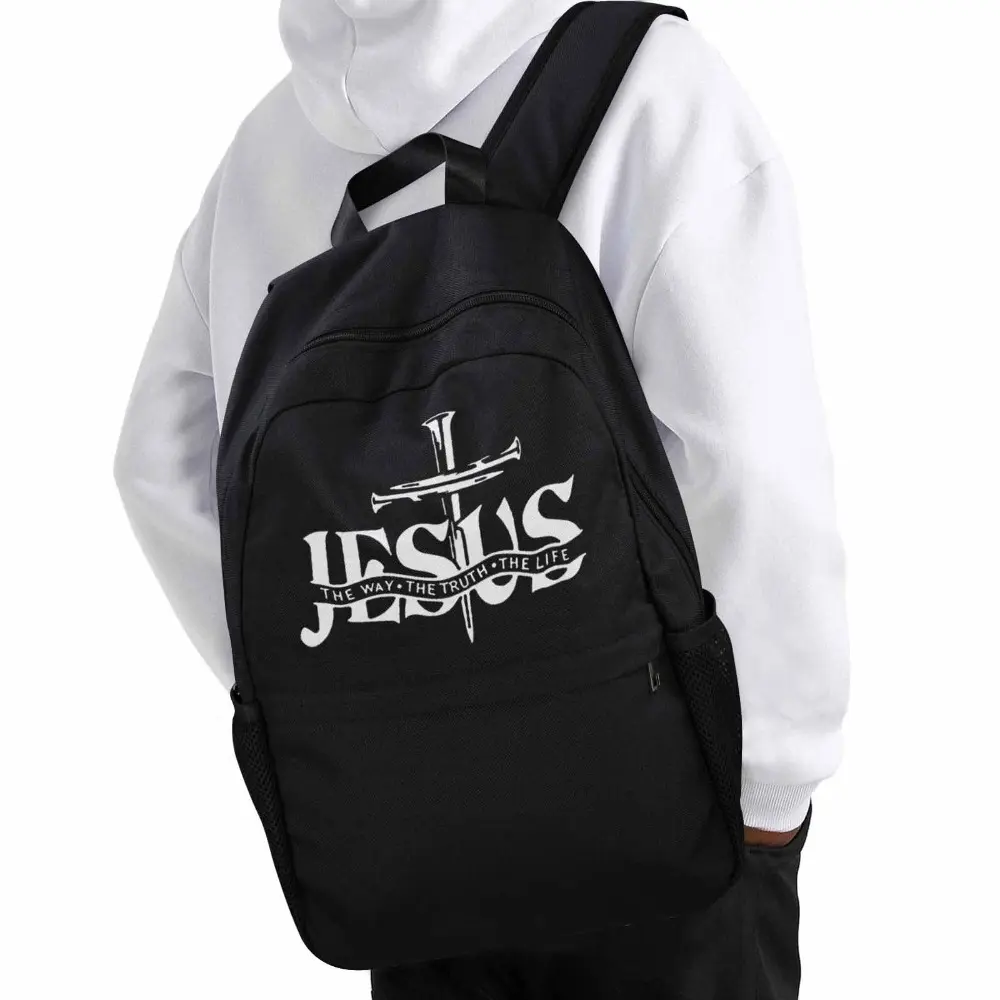 One Casual Backpack with Cross Prints Designed for Teenagers - It Is Lightweight, Has a Large Capacity, Adjustable Straps, Made of Black Nylon Fabric, Features a Easy Cartoon Design, And Has Printing on The Upper Part, Making It Ideal for School