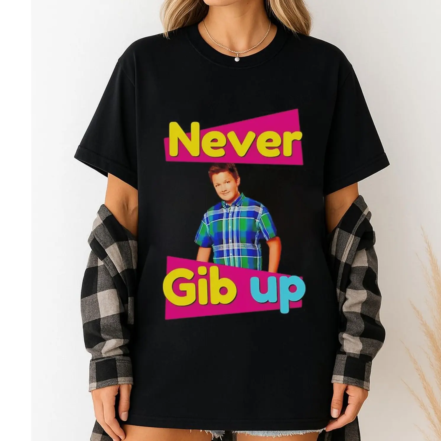 Men's Graphic Cotton T-Shirt - Casual Round Neck Short-Sleeve Menswear Top with iCarly "Never Gib Up" Gibby Print, Tshirt