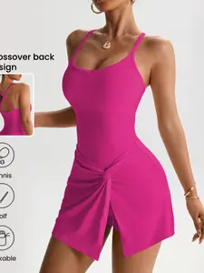 Keren Seamless Cross Back Tennis Athletic Dress, Sporty Solid Pattern, High Elasticity, Breathable, Perfect for Sports & Daily Wear