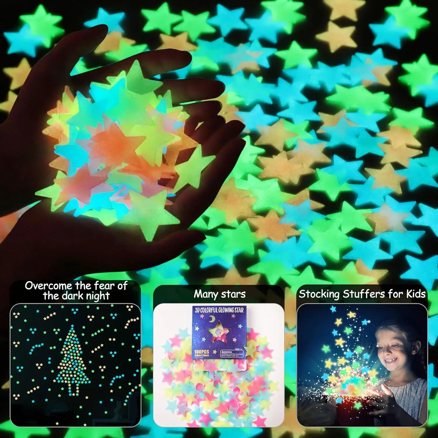 Glow in The Dark Stars Stickers for Ceiling, Adhesive 100pcs 3D Glowing Stars and Moon for Kids Bedroom,Luminous Stickers Create a Realistic Starry Sky,Room Decor,Wall Stickers