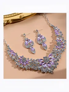 Floral Rhinestone Bride Jewelry Set, Emerald Crystal Necklace Earrings Two Piece Set, Elegant Party Accessories for Weddings