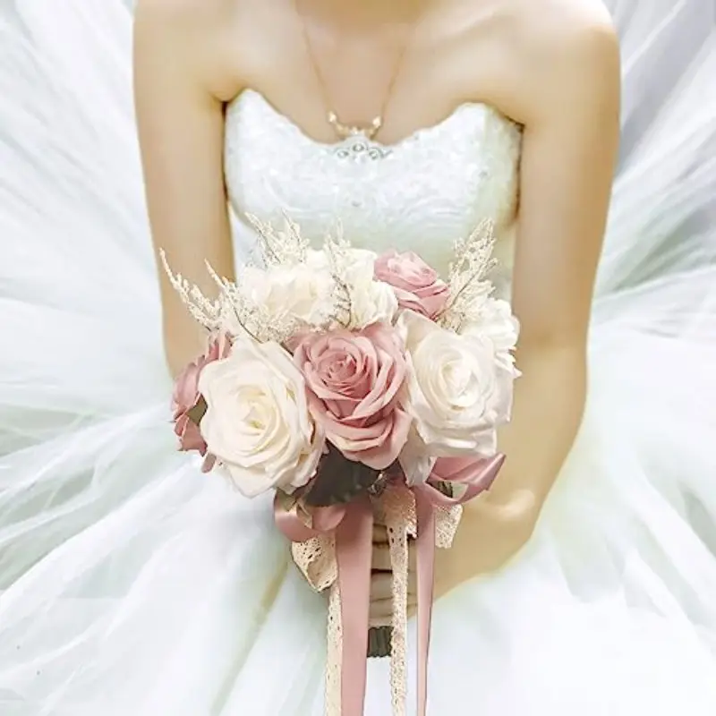 Bohemian Country Wedding Bouquets for Bride Bridesmaid, Artificial Roses Flowers Outdoor Wedding Decoration,Photography Props, Perfect for Weddings and Events Party Ceremony Anniversary Dinning Table Centerpieces Decor, Artificial Decorative Flowers