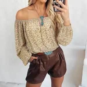 Beige Leopard Velvet Burnout Off Shoulder Long Sleeve Blouse