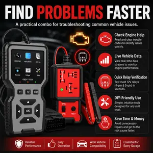 2-in-1 Auto Diagnostic Kit, OBD2 Scanner Code Reader and 12V Relay Tester, Read & Clear Engine Codes, Live Data, DTC Lookup, Battery Voltage Check, 4 Pin/5 Pin Relay Tester for Car DIY Garage Use
