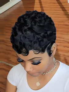 pixie Human Hair Pixie Cut Wig  Short Curly Wavy Wig with Bangs, Density Natural Black Color, Rose Net Cap for Women, Elegant Style for Daily Use, Short Hair Wig, Stylish Hairpiece