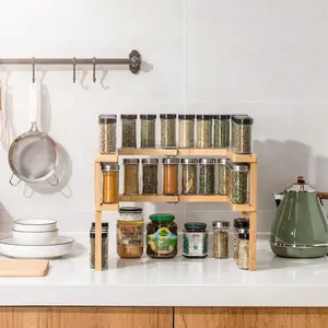2-Tier Kitchen Spice Rack Expandable Bamboo Spice Organizer Cabinet Stackable Seasoning Organizer Extendable Spice Jar Rack for Countertops Pantries Cabinets