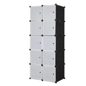 10 Cube Organizer Stackable Plastic Cube Storage Shelves Design Multifunctional Modular Closet Cabinet with Hanging Rod White Doors and Black Panels
