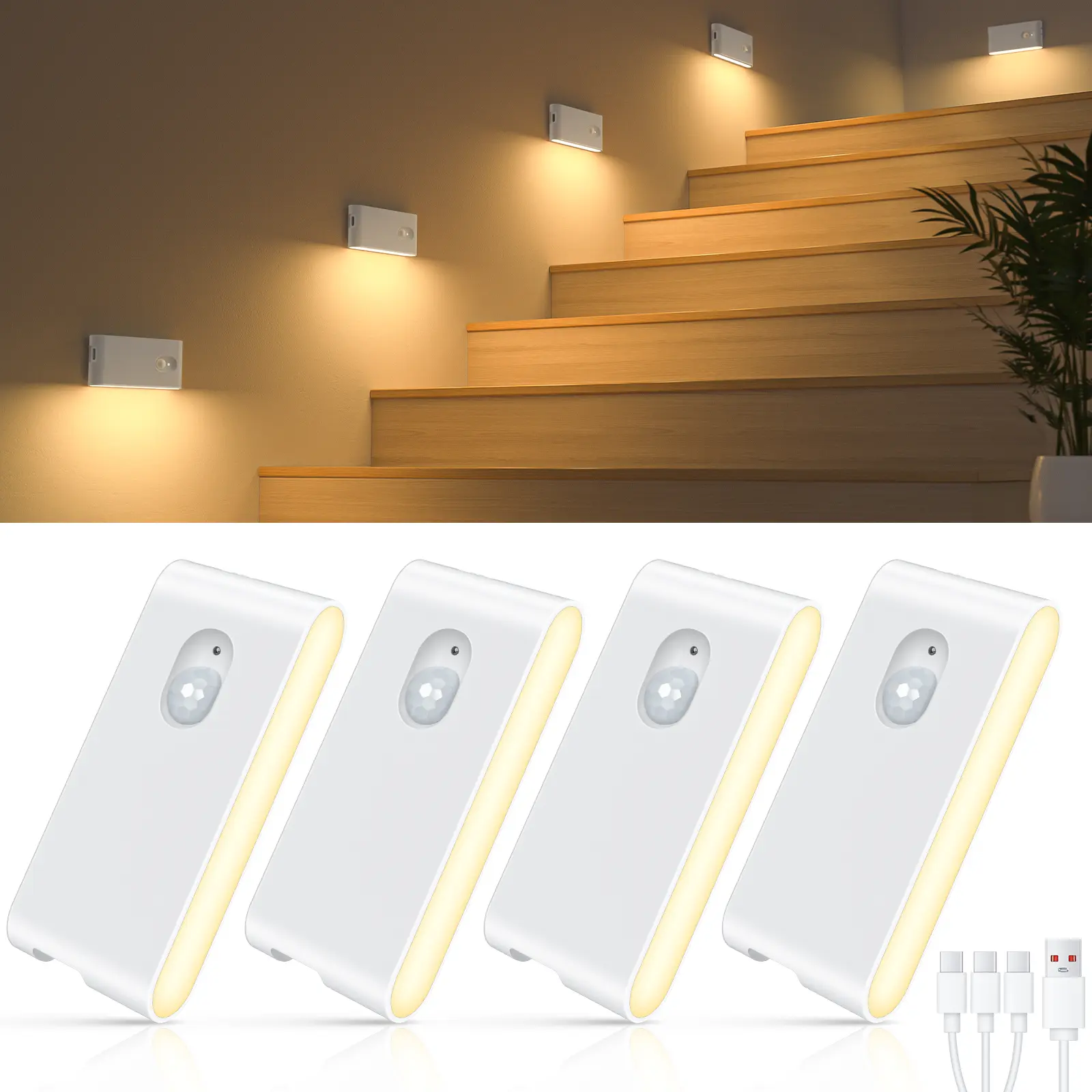 WILLED Motion Sensor Stair Lights Indoor, Rechargeable Wireless Night Lights for Stairway, Hallway, Kitchen, Closet, Cabinet, Bedroom and Kids Room, Dimmable Magnetic LED Lights, Stick-On Ambient Lighting for Home Safety and Decorative Lighting