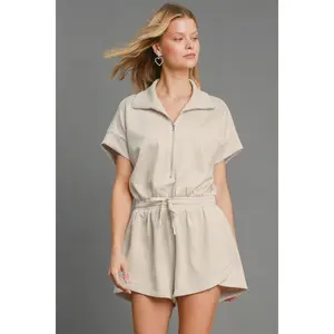 Umgee Full Size Half Sleeve Dolman Sleeved Romper Plus Size - Relaxed Fit, Pocketed, Drawstring, Available in Multiple Sizes - Jumpsuits
