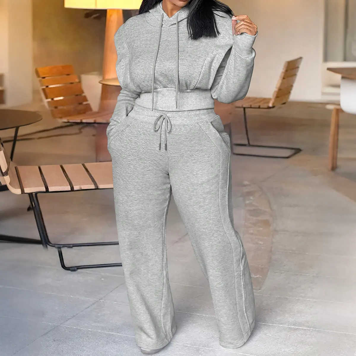 CHICME Women's Minimalist 2-Piece Clothing Set - Long-Sleeve Hooded Sweatshirt, Wide-Leg Casual Sweatpants, 2-Piece Sets for Women, Two Piece Sets Women