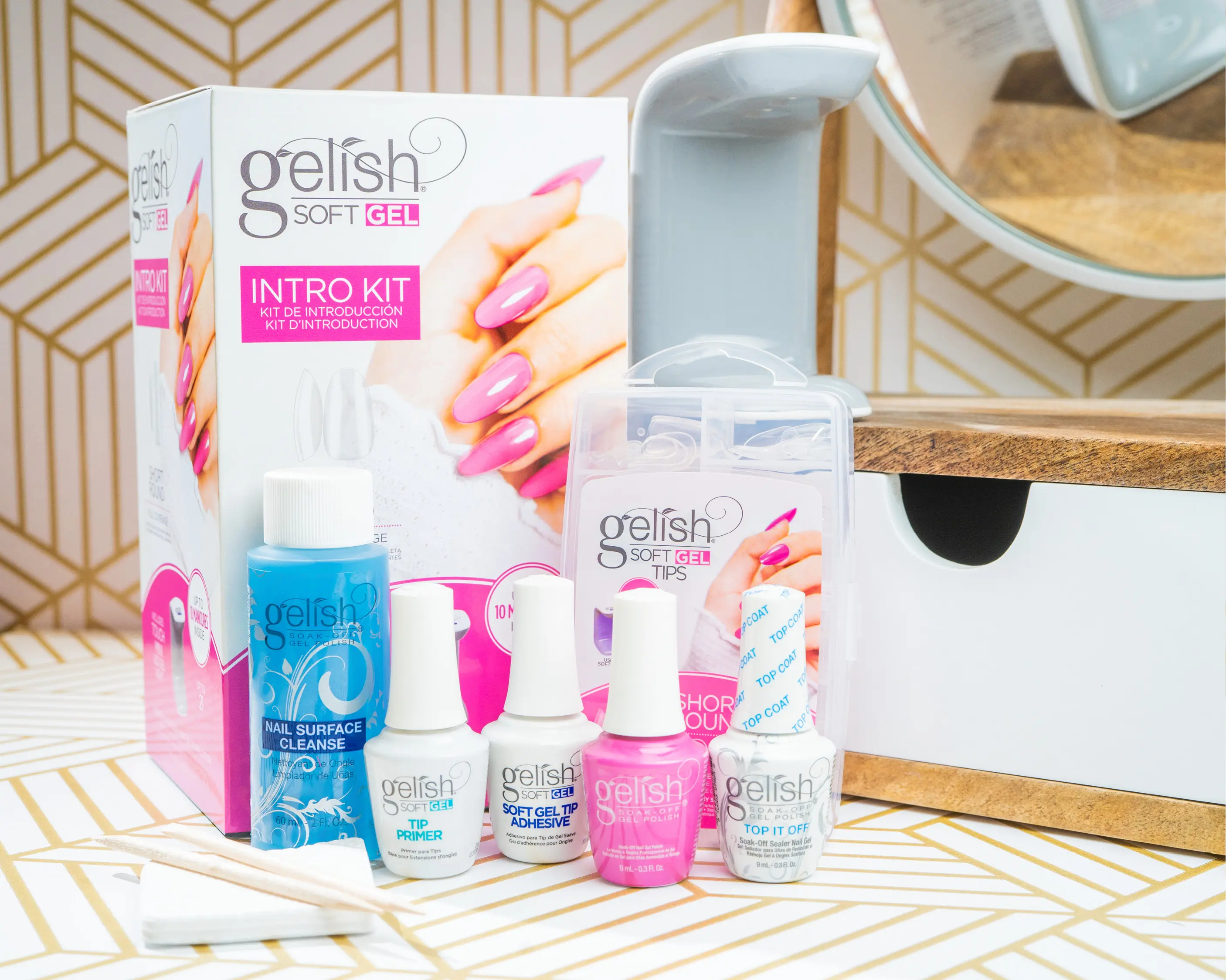 Gelish Soft Gel(TM) Intro Starter Kit – Full Coverage Press On Tips, LED Nail Lamp, Long-Lasting, Fast Application, No Chip, At-Home