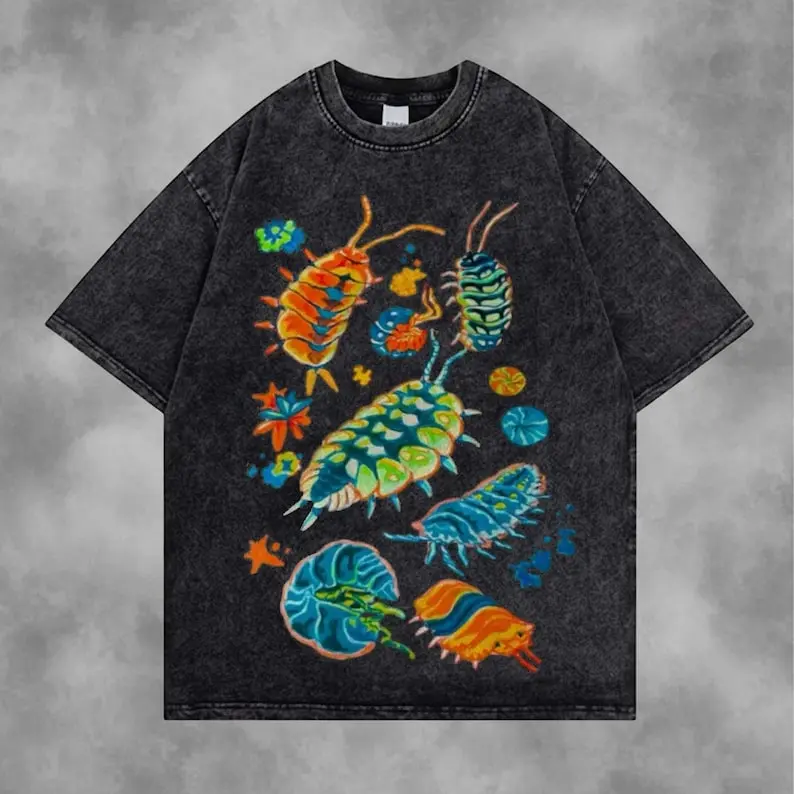 Vintage Washed Trippy Creatures Shirt, Psychedelic Microorganism Art Shirt, Colorful Deep Sea Fantasy Graphic Unisex Top
