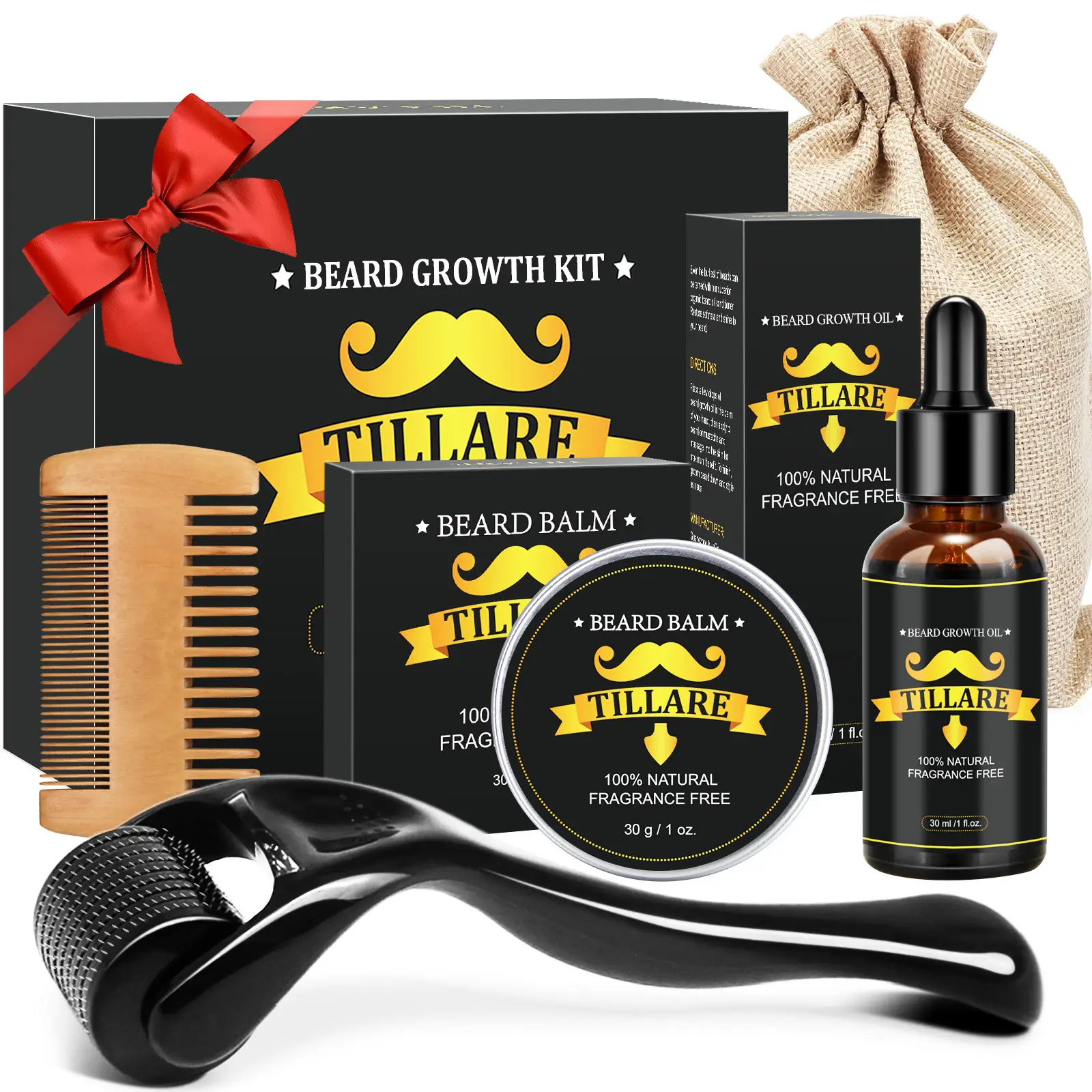 Growth Kit - TILLARE  Grooming Kit with  Growth Oil, Balm, Comb, Massager, Christmas & Birthday Gifts for Men Husband Dad Boyfriend Natural Hair Care