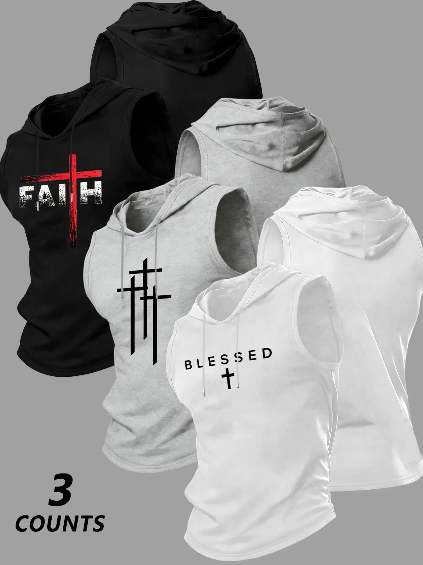 Men's 3-Pack Faith Blessed Cross Print Sleeveless Hoodies, Religious Graphic Athletic Tank Tops, Gym Workout Streetwear Outfits, Active Lifestyle Apparel