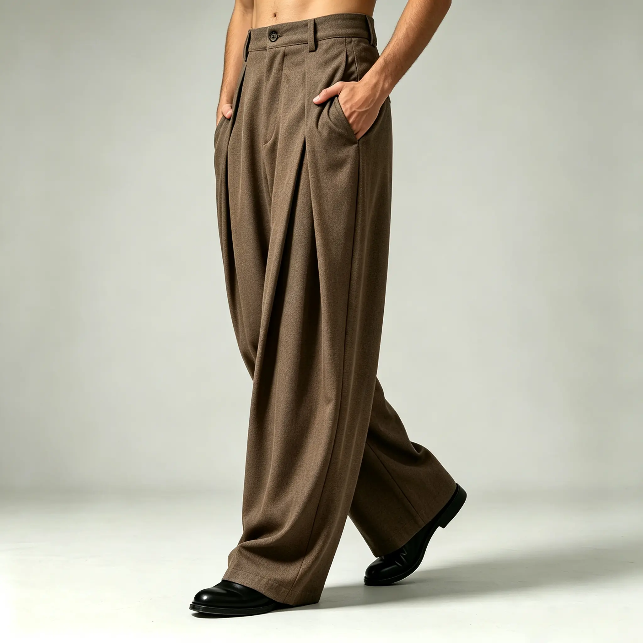 Spring/Autumn men’s high-street design wide-leg dress pants with 3D pleats, loose floor-length drape, slimming versatile relaxed casual suit trousers