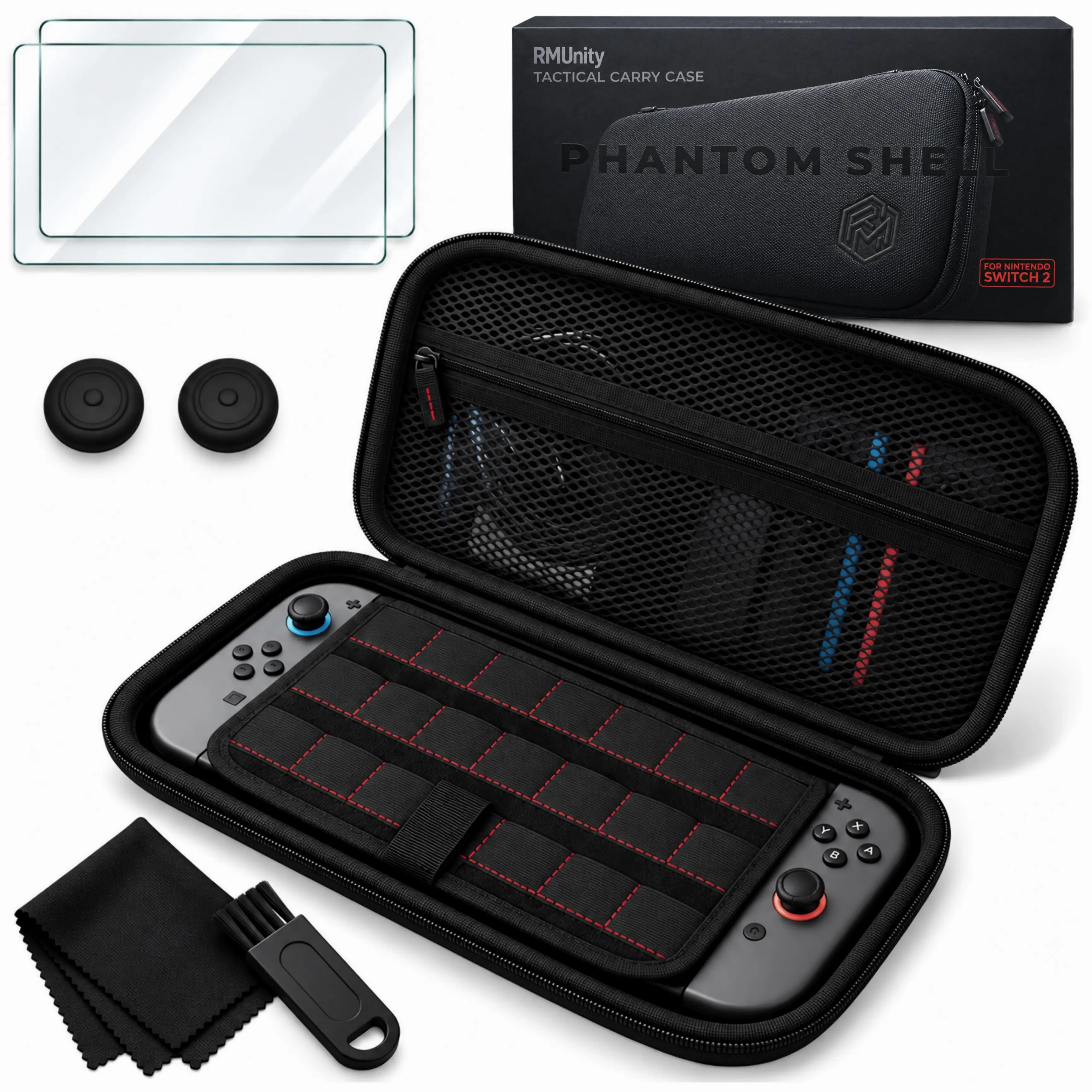 Nintendo Switch 2 Carrying Case Bundle, Protective Travel Case, 2 Screen Protectors, 20 Game Card Storage, Hard Shell, Ballistic Nylon, Thumb Grips & Cleaning Kit, Switch 2 Accessories – RMUnity Phantom Shell