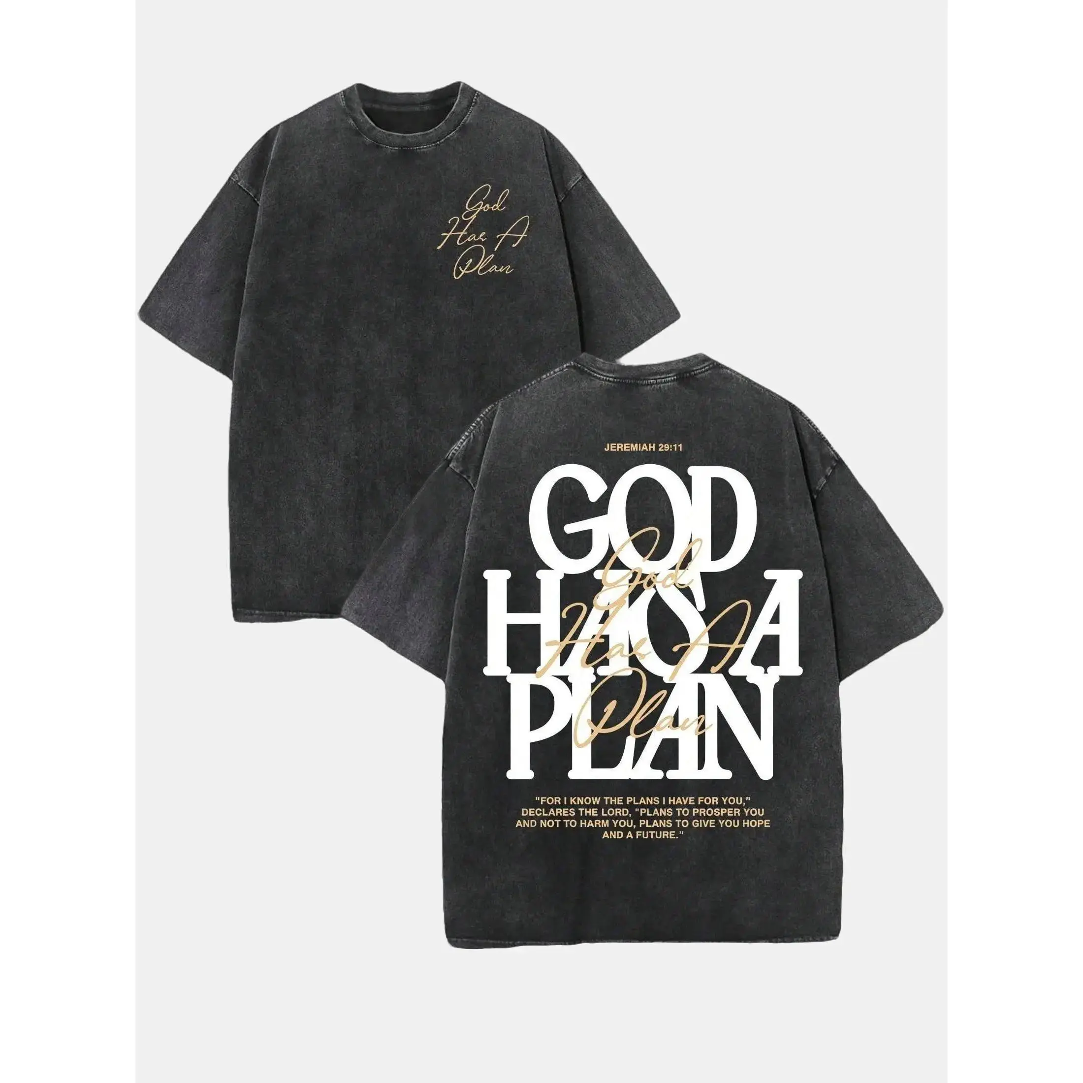 1pc Retro Washed Double Sided Printed T-Shirt, 'GOD HAS A PLAN' Letter Graphic Tee, 230g Pure Cotton, Slightly Cropped, Crewneck, Distressed Streetwear, Men's Casual Comfortable Fashion Tops Smooth Fabric Seamless Soft Tshirt graphic tee t shirt