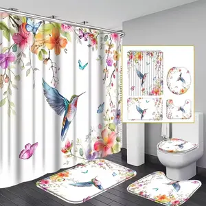1/4pcs Hummingbird Floral Pattern Shower Curtain Set, festive design, Bathroom Supplies, includes non-slip mat, U-shaped rug, and toilet seat cover. Perfect for bathroom décor, beautifies the space. Comes with 12 shower curtain hooks.