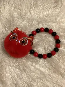 Owl Wristlet with Red and Black Beaded Bracelet & Fluffy Red Owl Charm for Stylish Accessories