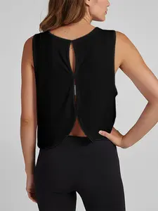 Women's Solid Cut Out Back Sports Tank Top, Breathable Mesh Sports Cover-Up, Gym, Running & Casual Outfit, Activewear Clothing, Gym Athletic Clothes