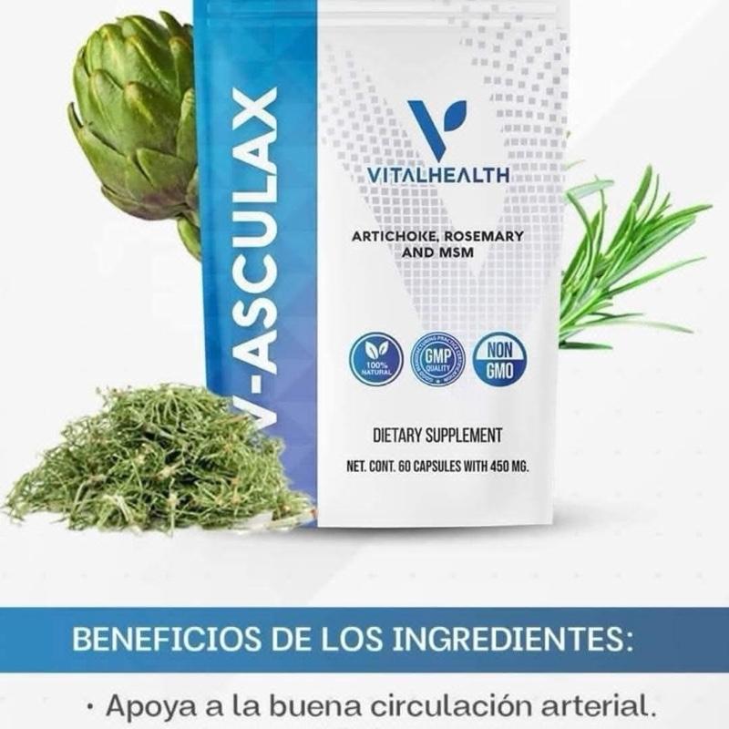 Vital Health V-ASCULAX Artichoke Rosemary & MSM Supplement for Circulation & Wellbeing 100% Natural Vegan Non-GMO GMP Certified 60 Capsules