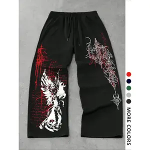 Men’s casual sporty long pants, sports casual pants, angel and cross pattern print, drawstring wide leg loose fit, all-season men’s fashion bottoms