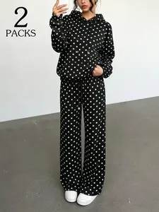 2 Pack Polka Dot Hoodie Outfits 2 Piece Set, Women Casual Hooded Sweatshirt + Wide Leg Pants Loungewear, Fashion OOTD Streetwear Matching Set, Summer Outfits, Trendy Going Out Tops