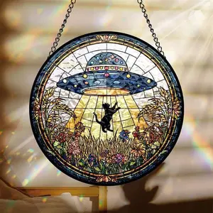 UFO Abduction Black Cat Wildflowers Stained Glass Suncatcher, Unique Gifts for Women, Halloween Window Hangings, Black Cat Suncatcher