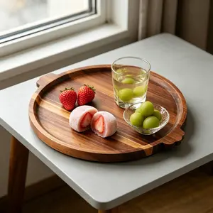 Round Acacia Wood Serving Tray with Handle, Multi-Functional Decorative Plate for Kitchen Counter, Coffee Table, Parties, Daily Use, Round Plates, Wooden