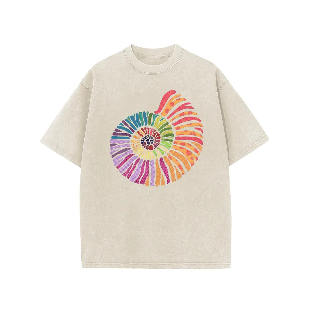 Women's Acid Washed Short-Sleeve Graphic T-Shirt - Spiral Shell Print, Drop Shoulder, Loose Baggy Fit, Everyday Fashion Piece, Comfortable Casual Streetwear Top