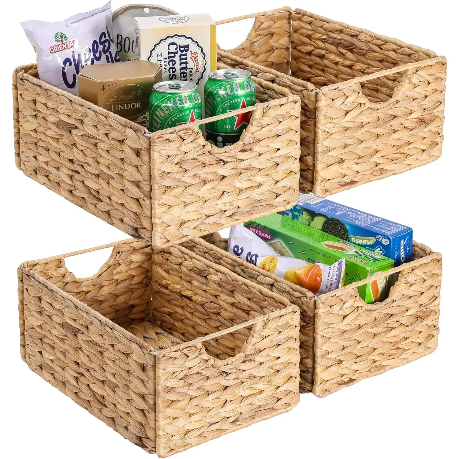 Set of 4 Water Hyacinth Pantry Baskets, 12.5 x 9.5 x 6in Hanging Wicker Storage Baskets for Pantry Shelves and Bathroom Shelves Storage Organization