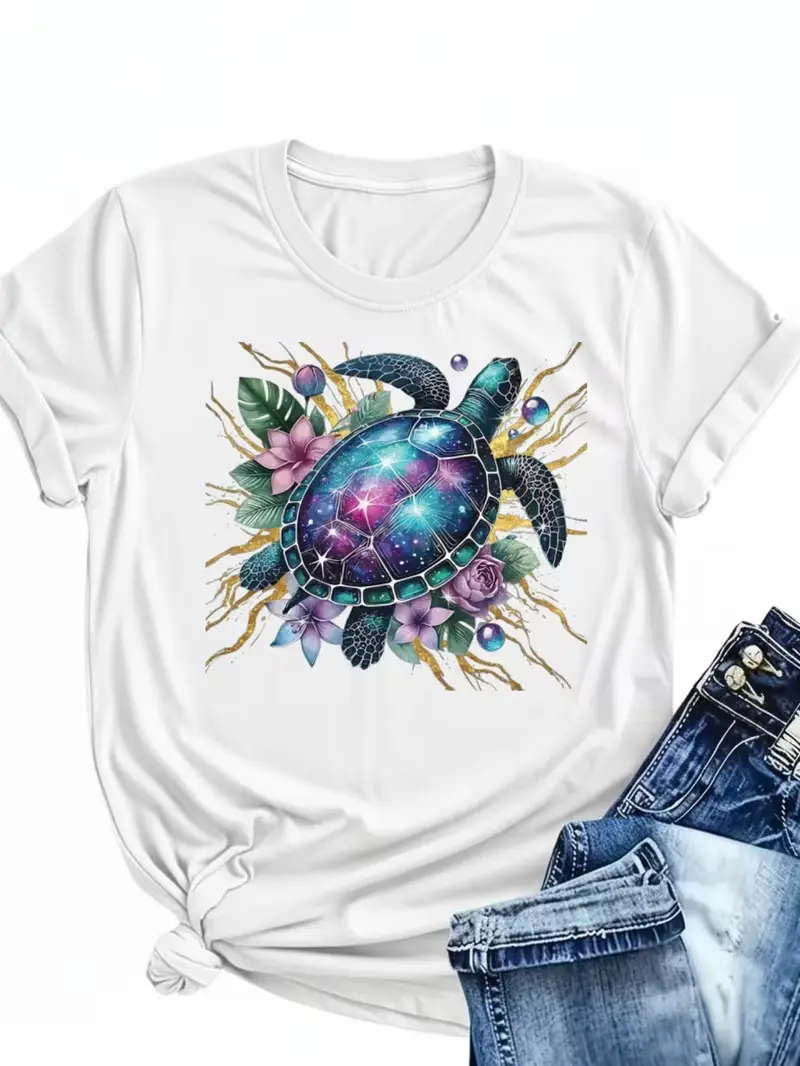 Boho Beach Galaxy Sea Turtle Graphic T Shirt Women White Crew Neck Tee Cosmic Star Shell Tropical Floral Gold Splash Print Ocean Lover Summer Vacation Casual Top