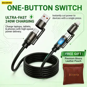 Basemo 4-in-1 Tap to Power Off Smart Charging Cable | 240W Super Fast Charging Multi Cord USB A/USB-C/Lightning | Fireproof Bendable Silicone TPE Prevent Overcharge Safe Phone Charger Cord for iPhone Samsung Android Laptop, Free Leather Storage Pouch