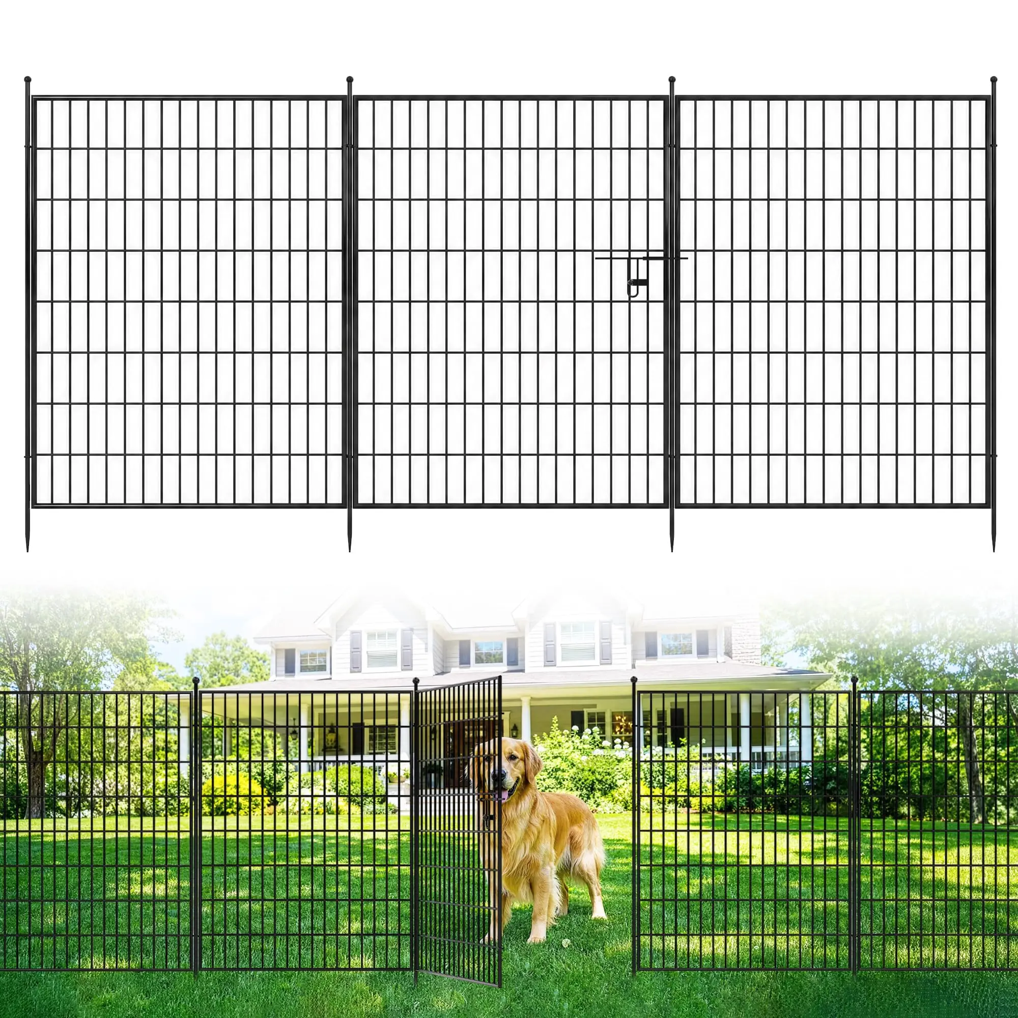 Iron-Coated No-Dig Garden Fence Set (5/10-Pack, 40x23.6 ft) - Outdoor Metal Animal Barrier with Walk-Thru Door, Easy DIY Border for Flower Beds, Patios