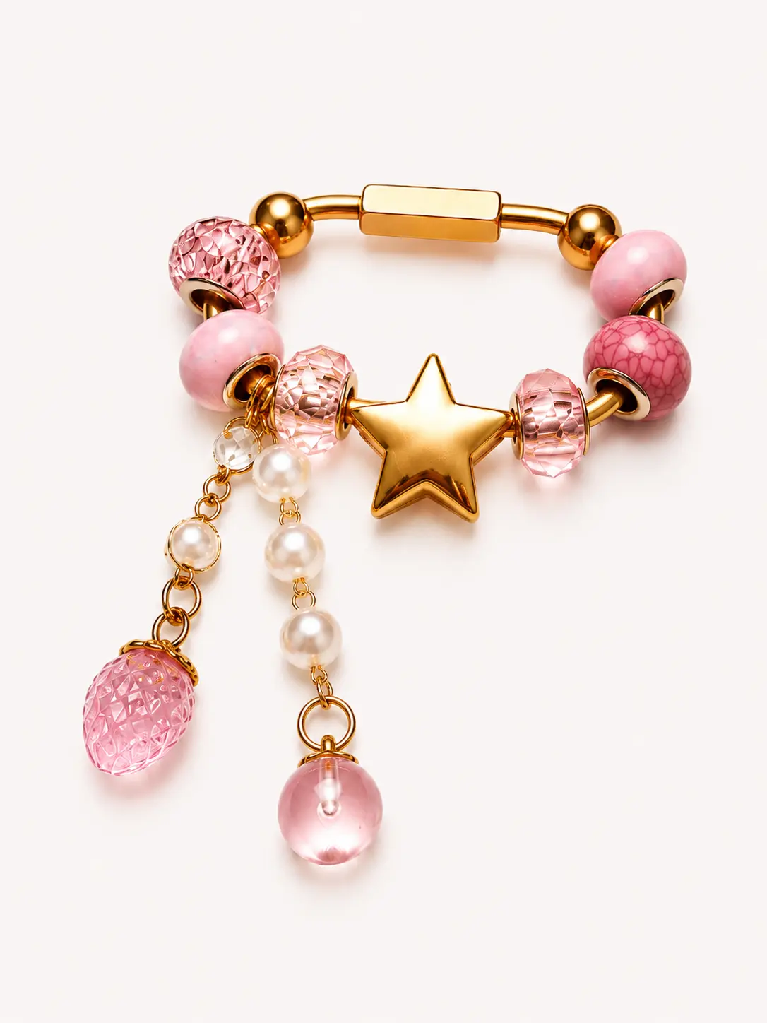 Pink Carabiner Bag Charm with Gold Star Slider - Gold Brass Carabiner with Glass Dangles - Cute Keychain Bag Charm Accessory