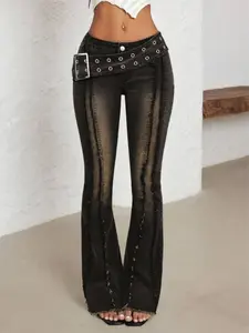 Elastic Low Waist Flare Denim Jeans for Women, Sunflower Button, Frayed Hem, Butt Lifting, Wide Leg, Fashionable All-Seasons Wear, Pants