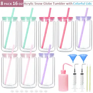 8 Pack 16 Oz Acrylic Snow Globe Tumbler, Pre-Drilled Double Wall Plastic DIY Cups with Colorful Lids and Straws, Including DIY Tools