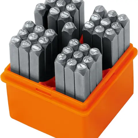 HORUSDY 37-Piece Metal Alphabet Number Punch Set - 1/8" (3mm) Square Shank, 27 Letter Stamps (A-Z), 9 Number Stamps (0-9), 1 Whimsy Heart Punch, Compact Box for Handmade Crafts, Chrome, 27 Letters