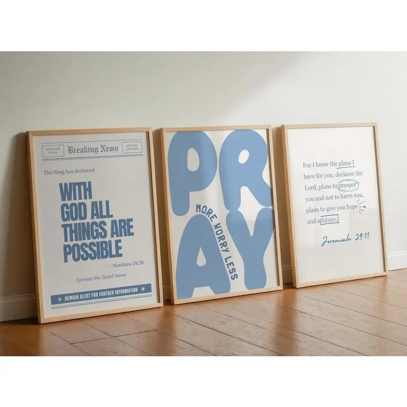 Set of 3 Trendy Christian Wall Art Bundle Blue Pray More Worry Less Poster Aesthetic Bible Verse Poster Bundle Jeremiah 29 11 Wall Art