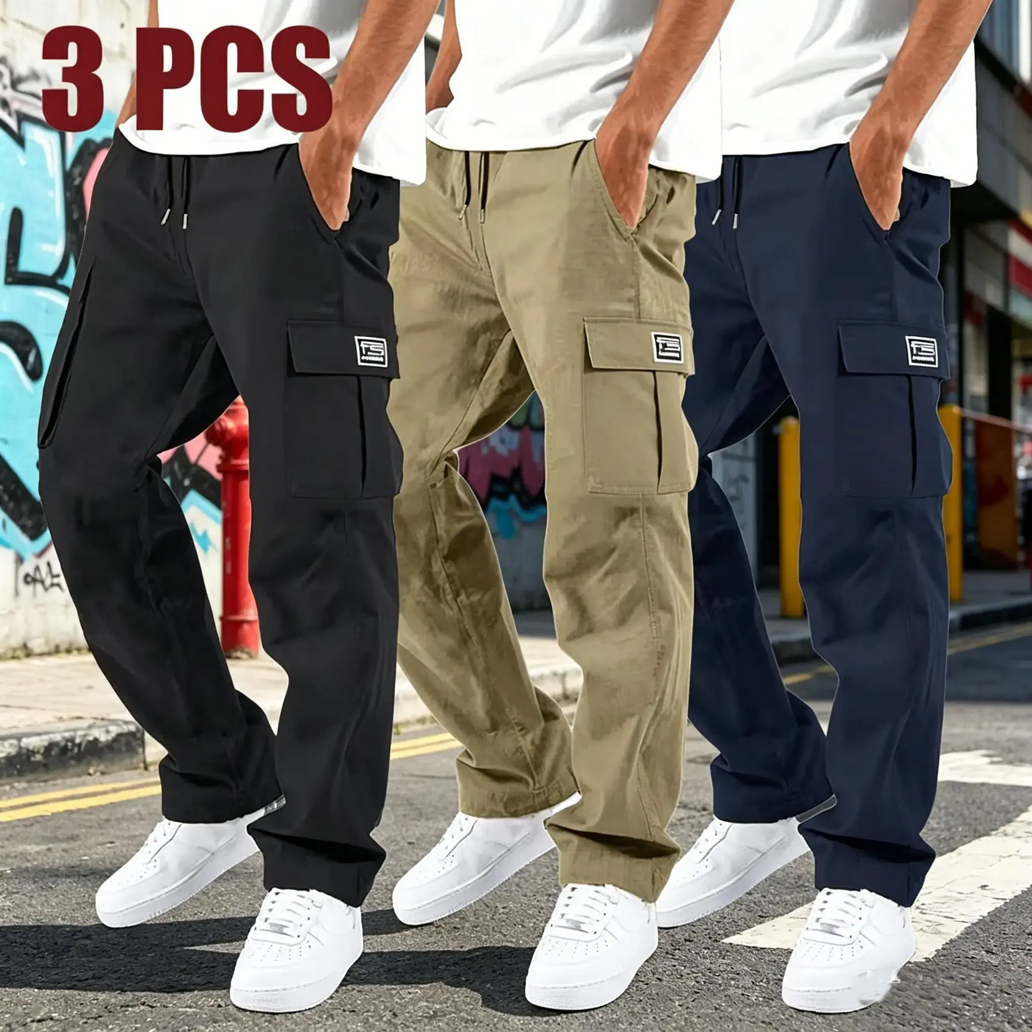 Men’s Cargo Pants - Menswear Plain Work Trousers, Durable Polyester Fabric, Straight Loose Fit, Multiple Pockets, Wrinkle-Resistant, Versatile All-Season Casual Long Bottoms.Summervibes