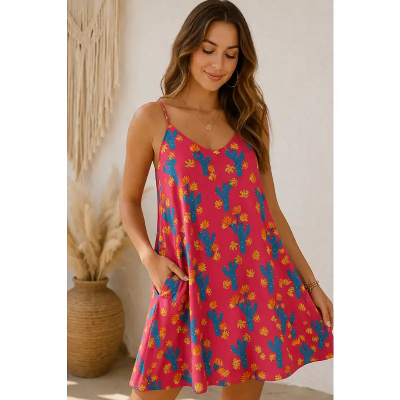 Peach Love California Cactus Print Boho Swing Dress