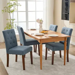 Parsons Dining Chairs Set of 4, Navy Blue Linen Upholstered High Back with Button Tufting & Wood Legs – Comfortable for Kitchen, Dining Room, Restaurant, Cafe – Navy